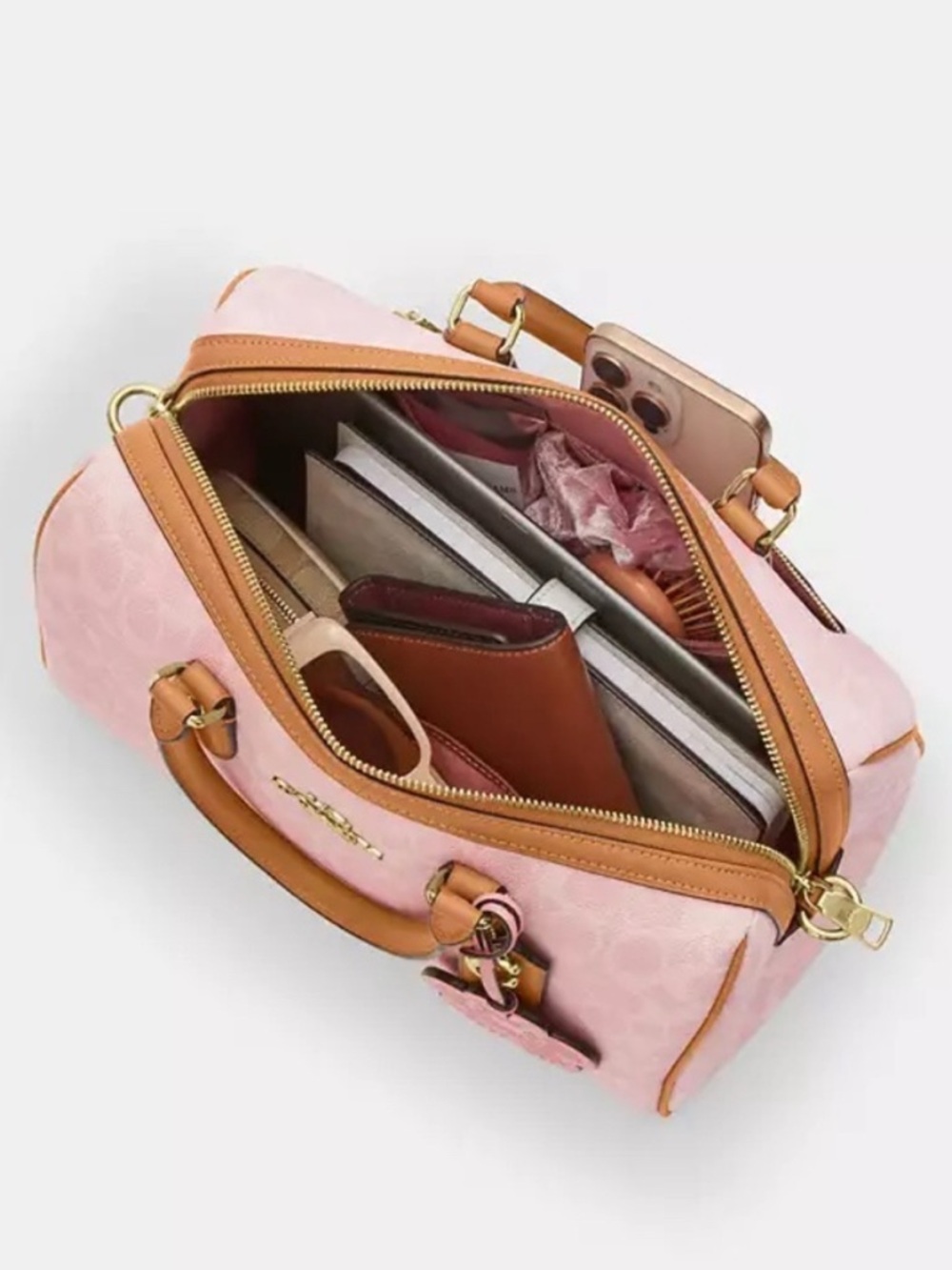 New Coach Rowan Large Satchel Bag in Signature Canvas with charms powder pink - Picture 8 of 10
